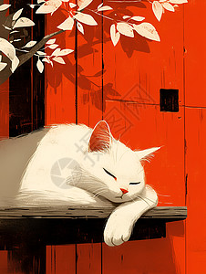 红墙猫懒卧背景图片
