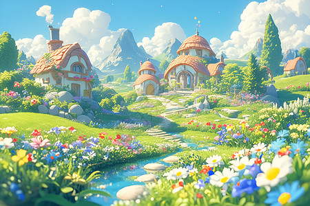 梦幻之境花园中的小村落高清图片
