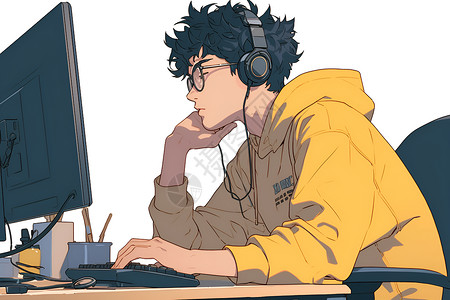 电脑男人戴着耳机沉迷加班的男子插画
