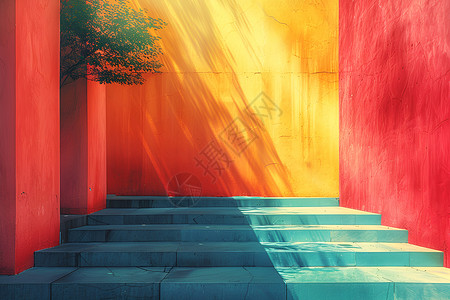 三级台阶彩色的建筑插画
