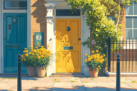 黄色的花盆黄色的木门插画