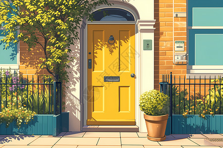 庭院门孤门的黄色木门插画