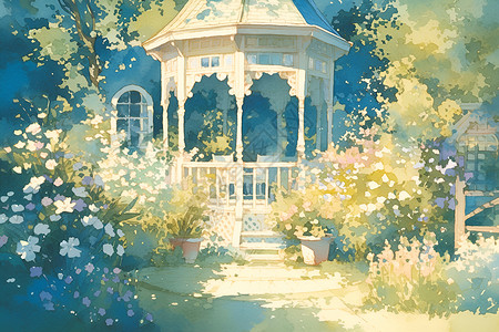 幽静花园的水彩画背景图片