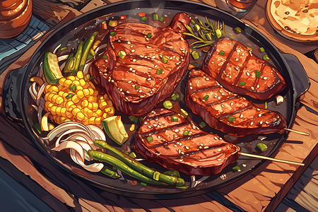 蔬菜烧烤烤盘上的烤肉和蔬菜插画