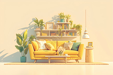 茶几果盘温馨客厅里的黄色沙发插画