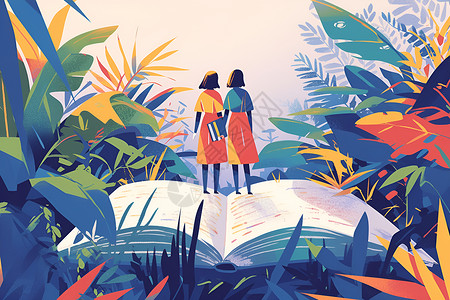 两个女孩站在书上插画