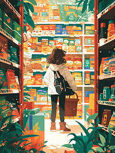 奶粉货架货架下购物的女孩插画