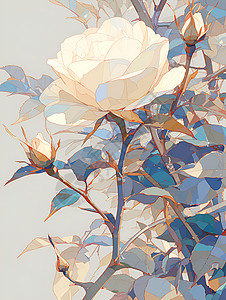 荆棘花绽放的白玫瑰插画