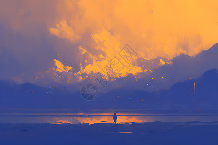 湖的孤独神秘湖边上的孤独身影插画