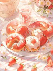 草莓糖霜蛋糕甜甜圈与草莓插画