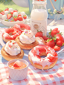 草莓糖霜蛋糕美味的甜甜圈插画