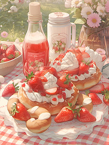 草莓糖霜蛋糕草地上的草莓甜甜圈插画