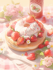草莓糖霜蛋糕草地上的甜甜圈插画