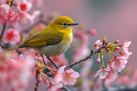 黄色树枝花朵樱花树上的黄色小鸟背景