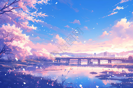 樱花边的桥梁背景图片