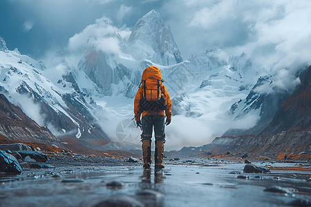 雪山云雾雪山下的攀登者背景