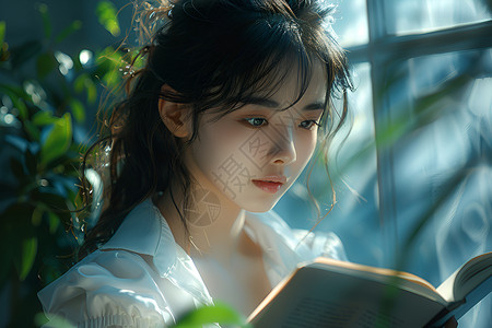 读书手绘女孩植物旁读书的女孩背景