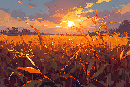 麦穗夕阳下的麦田插画