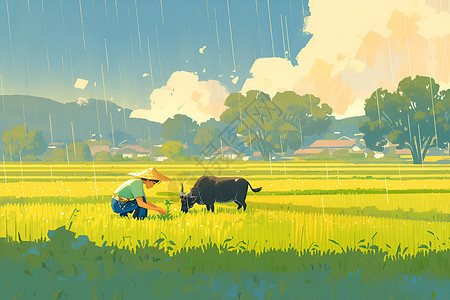 水稻稻田耕作的牛插画