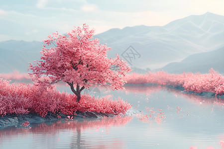 大樱花树湖畔的樱花树插画