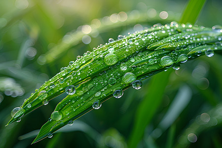 水滴绿叶水滴点缀的绿色稻叶背景