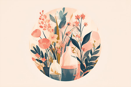 花园装饰花丛里的花瓶插画