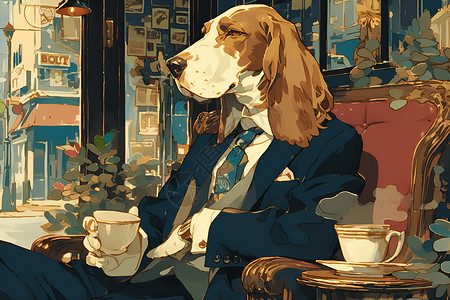 狗狗在咖啡厅内优雅地享受咖啡图片素材