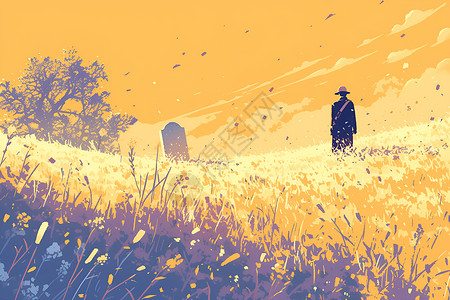 模糊人影草地里的墓碑插画