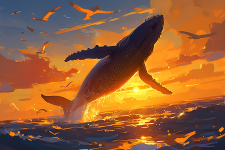 三七头突破海面的座头鲸插画