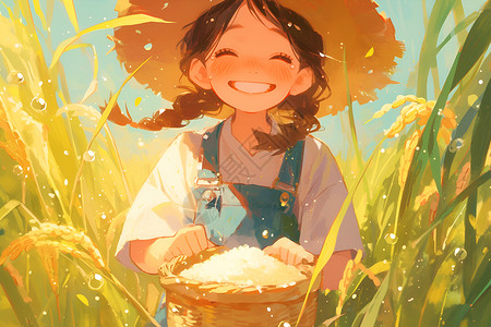 稻田里的女孩抱着篮子高清图片