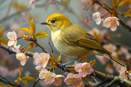 春天手绘插画樱树上的鸟儿栖息着背景