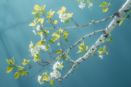 白桦树的嫩绿枝叶背景图片