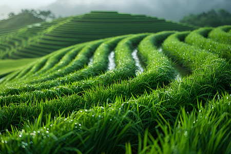 卡通植物纹理水稻叶上晶莹露珠和田野美景背景