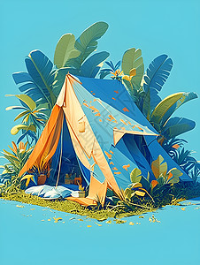 海边森林夏日绿意森林中的帐篷插画