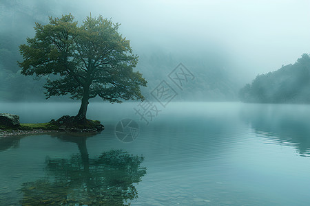 向往和平湖畔孤树唯美风景插画