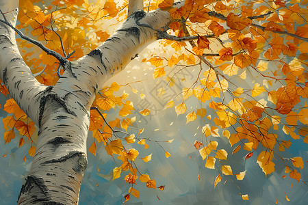 愚人节蓝色树叶白桦树枝上的叶子插画