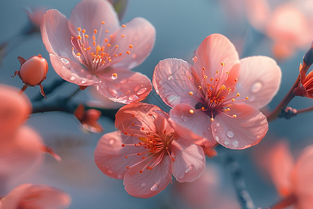 粉色桃花枝挂满露珠的樱花背景