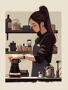 制作咖啡的女孩插画