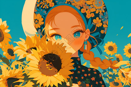 少女拥抱向日葵背景图片