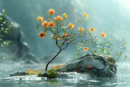 河里岩石上的花枝背景