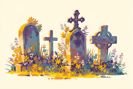 墓碑与花卉雾气.阴郁墓地群高清图片