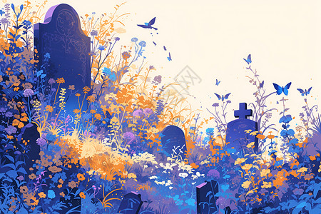 死亡搁浅死亡墓碑和花朵插画