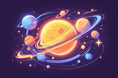 卡通五星星球宇宙中的彩色行星插画