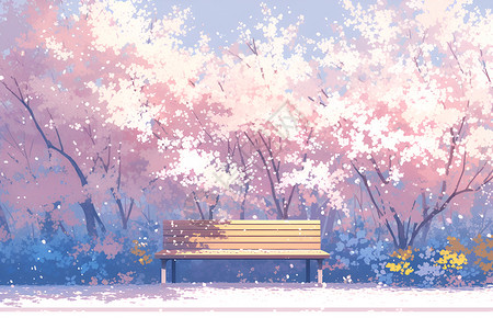 樱花树下的木制长椅背景图片