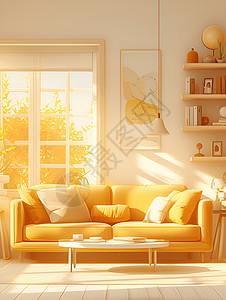 米黄色家居阳光下的客厅插画