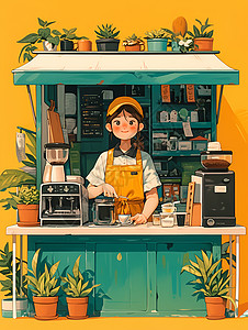 女店员在咖啡馆工作插画