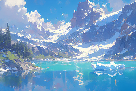 冰山倒影冰山与山湖的美景插画