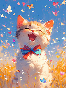 钢阳光草地上的猫咪和蝴蝶插画