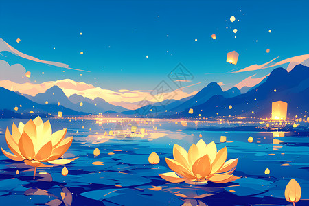 湖畔夜景莲花背景图片