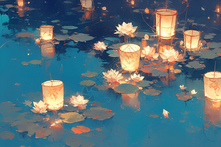 宁静的夜晚湖畔的莲花灯插画